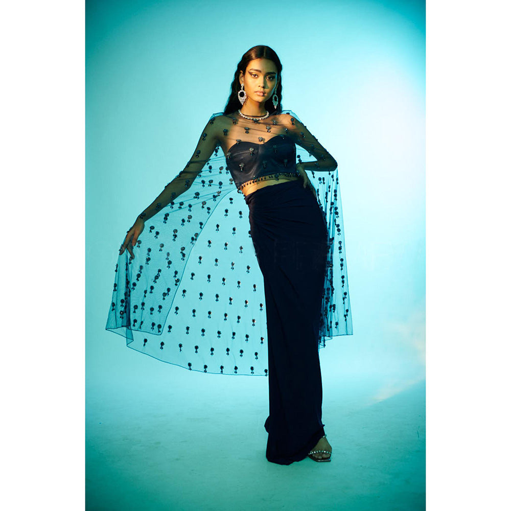 Anjali Kanwar Blue Embellished/Sequined Alhena Cape with Skirt and Bustier (Set of 3)