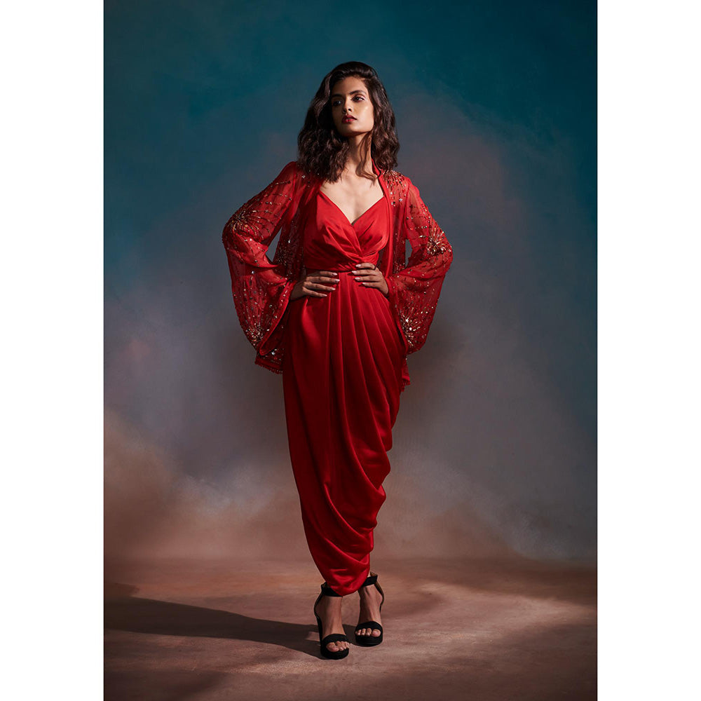 Anjali Kanwar Red Embellished/Sequined Kiara Cape with Dress (Set of 2)