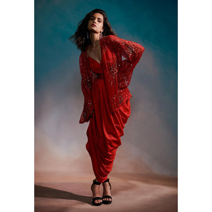 Anjali Kanwar Red Embellished/Sequined Kiara Cape with Dress (Set of 2)