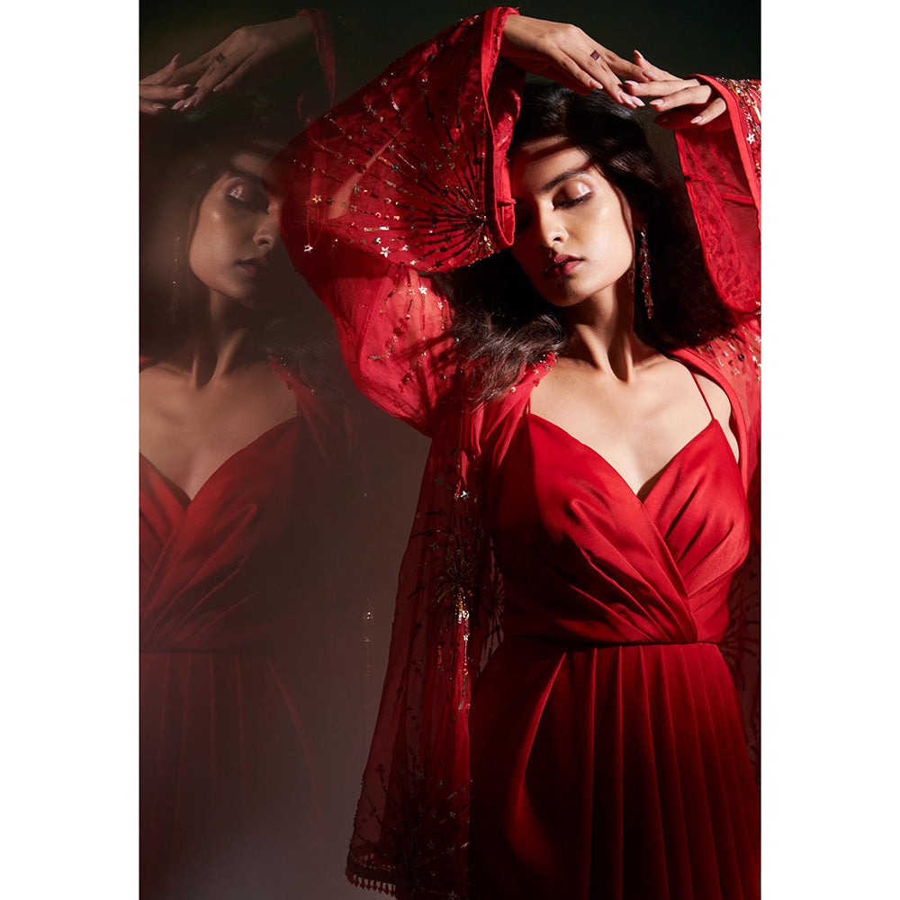 Anjali Kanwar Red Embellished/Sequined Kiara Cape with Dress (Set of 2)