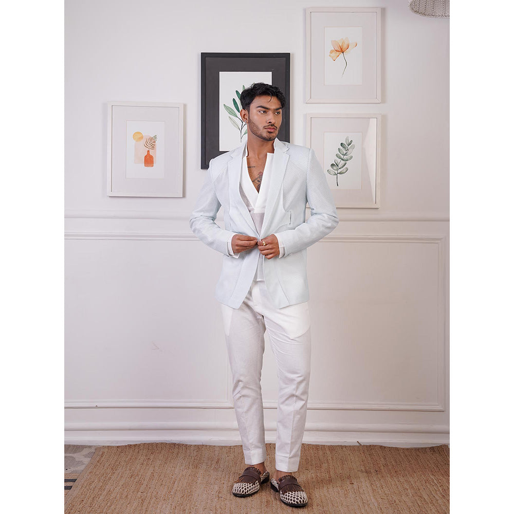 Ankur J Blue Crochet Placket Cut Blazer with Shirts and Pant (Set of 3)