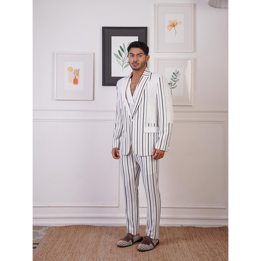 Ankur J White Layers Strip Blazer with Shirt and Pant (Set of 3)
