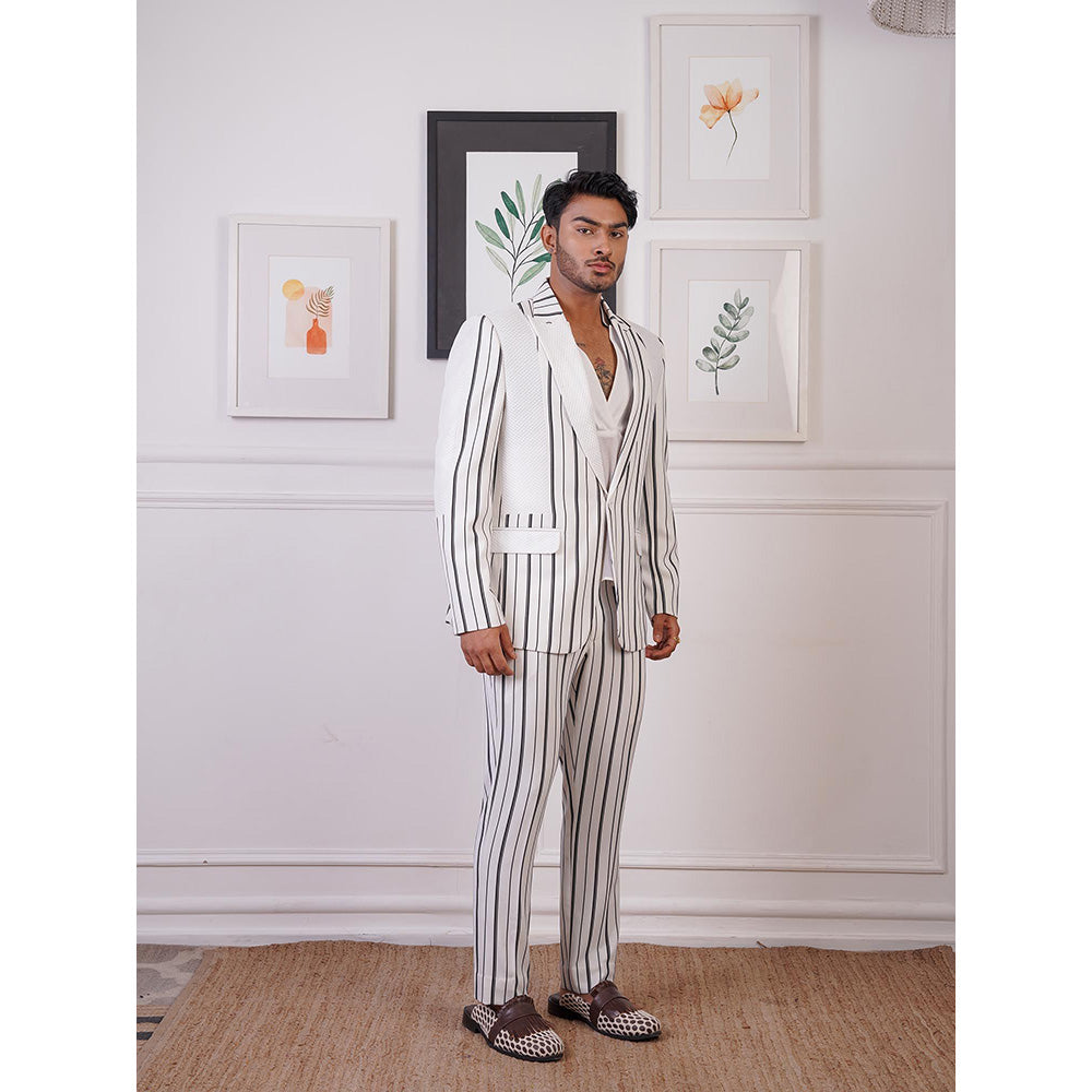 Ankur J White Layers Strip Blazer with Shirt and Pant (Set of 3)
