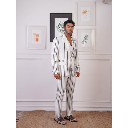 Ankur J White Layers Strip Blazer with Shirt and Pant (Set of 3)