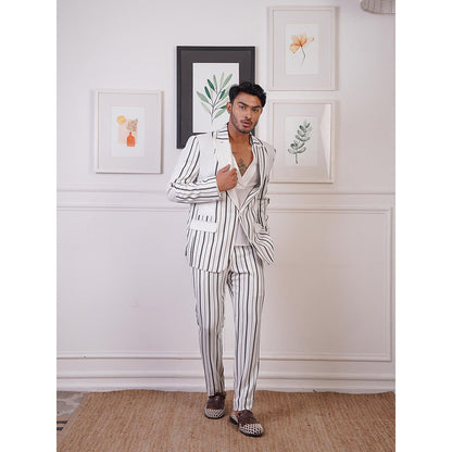 Ankur J White Layers Strip Blazer with Shirt and Pant (Set of 3)