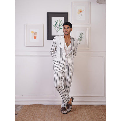 Ankur J White Layers Strip Blazer with Shirt and Pant (Set of 3)