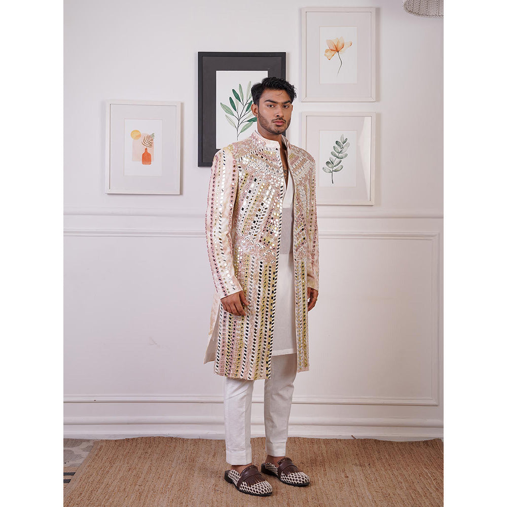 Ankur J Beige Ease Mirror Indo Open Style Jacket with Kurta and Pant (Set of 3)