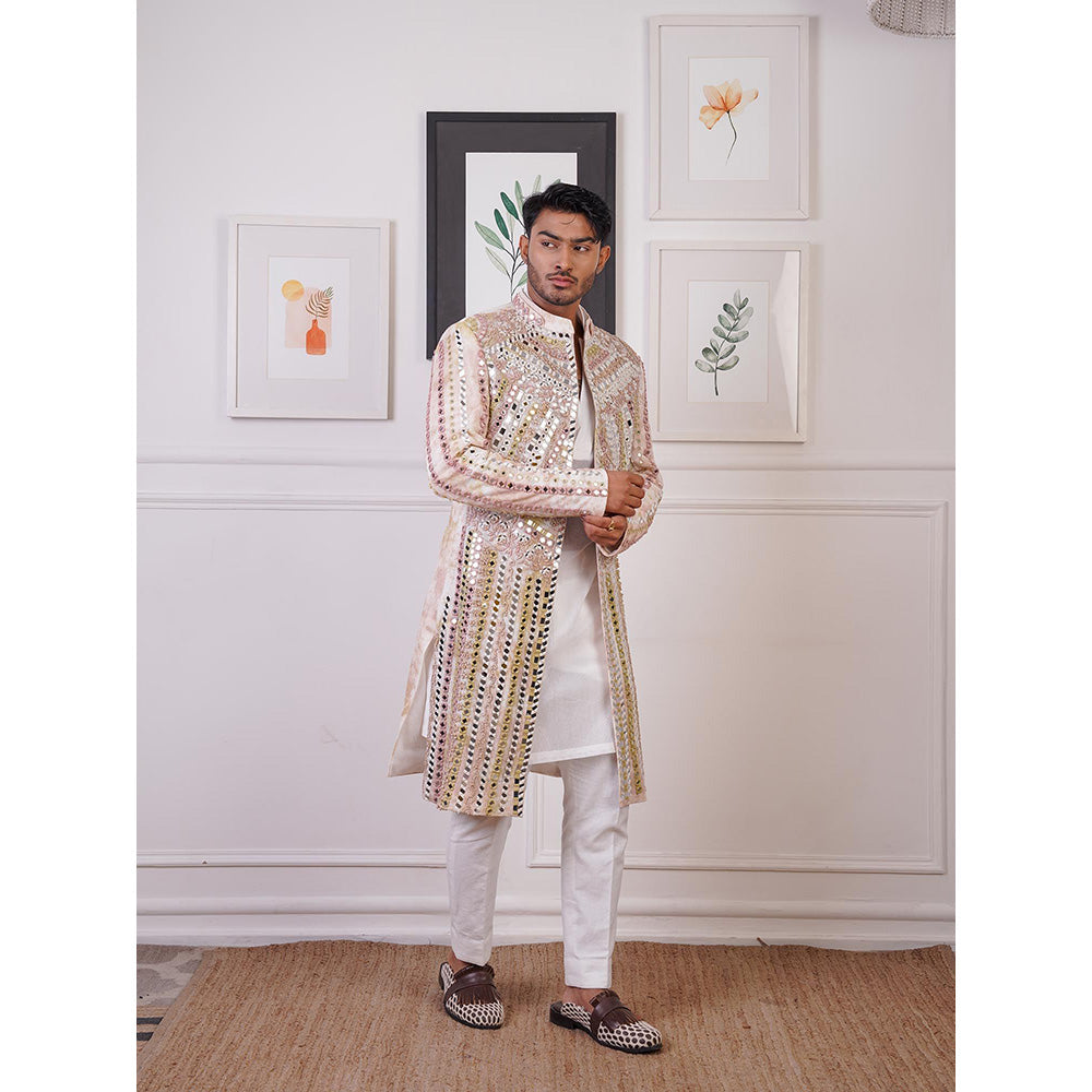 Ankur J Beige Ease Mirror Indo Open Style Jacket with Kurta and Pant (Set of 3)