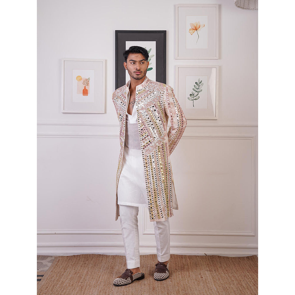 Ankur J Beige Ease Mirror Indo Open Style Jacket with Kurta and Pant (Set of 3)