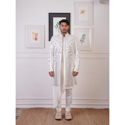 Ankur J Ivory Open Mirror Indo Jacket with Drape Kurta and Pant (Set of 3)