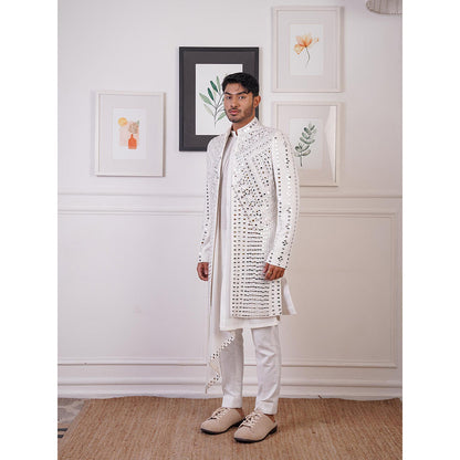 Ankur J Ivory Open Mirror Indo Jacket with Drape Kurta and Pant (Set of 3)