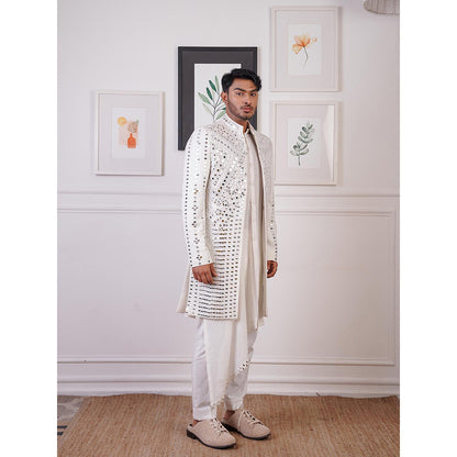 Ankur J Ivory Open Mirror Indo Jacket with Drape Kurta and Pant (Set of 3)