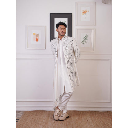 Ankur J Ivory Open Mirror Indo Jacket with Drape Kurta and Pant (Set of 3)