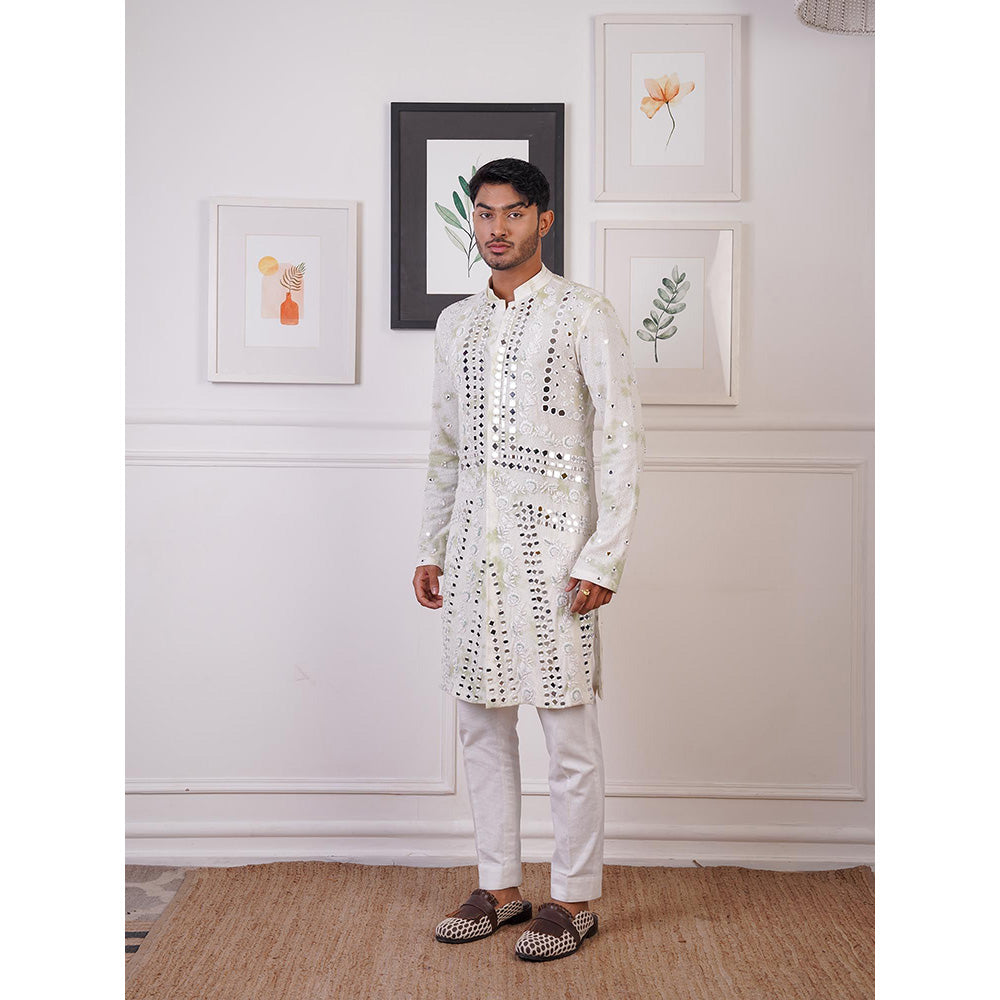Ankur J Ivory Mirror Work Kurta with Pant (Set of 2)