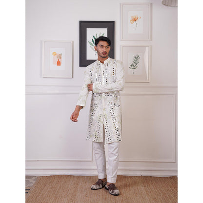 Ankur J Ivory Mirror Work Kurta with Pant (Set of 2)