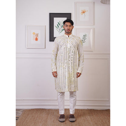 Ankur J Ivory Tye and Dye Open Mirror Work Kurta with Pant (Set of 2)