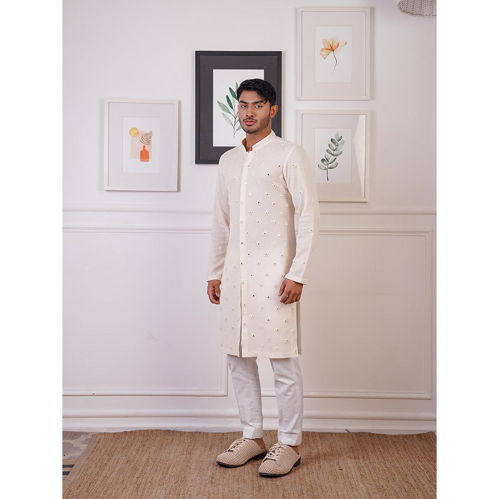 Ankur J Ivory Crochet Mirror Work Kurta with Pant (Set of 2)