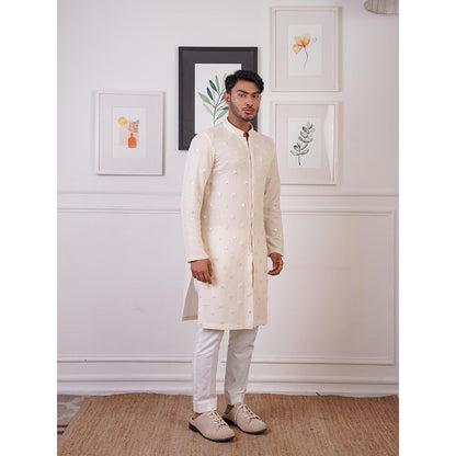 Ankur J Ivory Crochet Mirror Work Kurta with Pant (Set of 2)