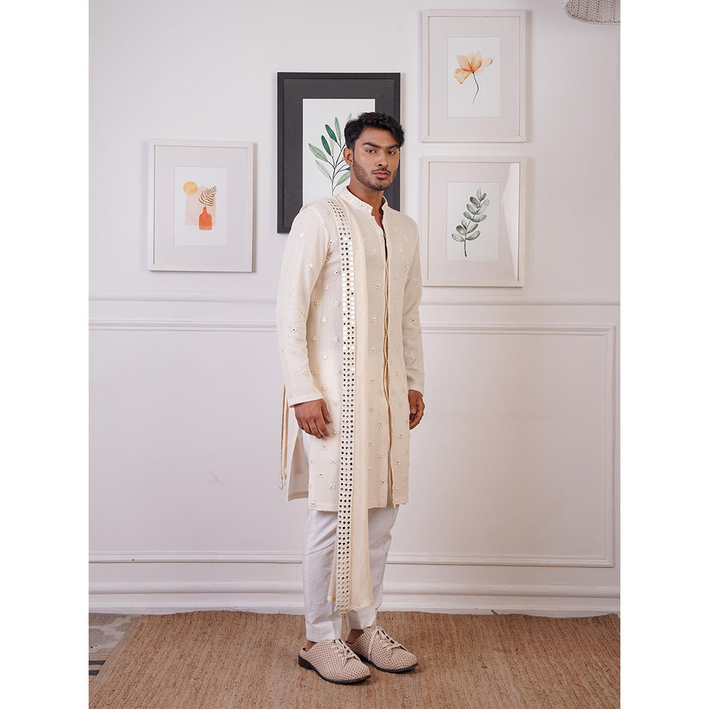 Ankur J Ivory Crochet Mirror Work Kurta with Pant and Dupatta (Set of 3)