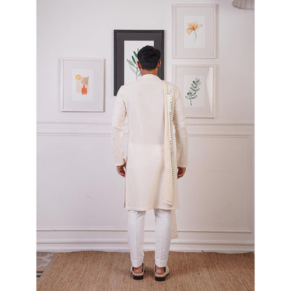 Ankur J Ivory Crochet Mirror Work Kurta with Pant and Dupatta (Set of 3)