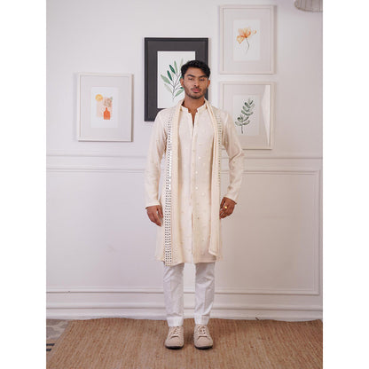 Ankur J Ivory Crochet Mirror Work Kurta with Pant and Dupatta (Set of 3)