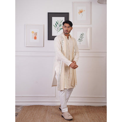 Ankur J Ivory Crochet Mirror Work Kurta with Pant and Dupatta (Set of 3)