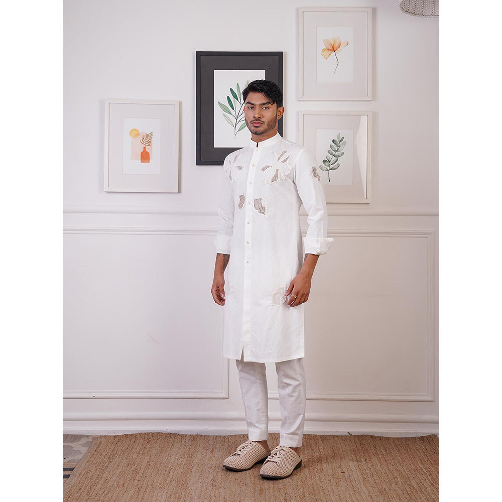 Ankur J White Linen Embroidery Kurta with Pant (Set of 2)