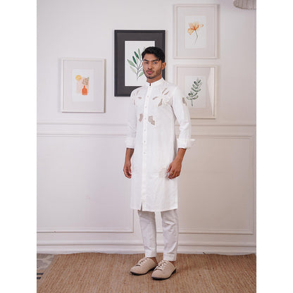 Ankur J White Linen Embroidery Kurta with Pant (Set of 2)