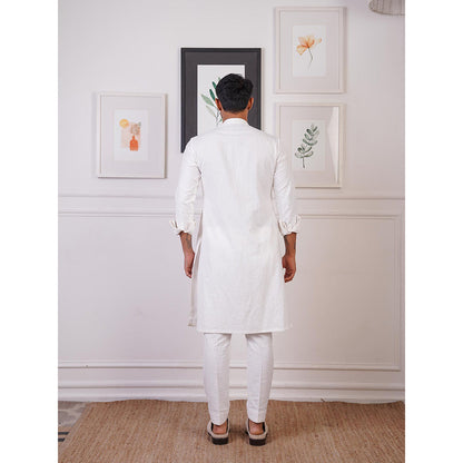 Ankur J White Linen Embroidery Kurta with Pant (Set of 2)