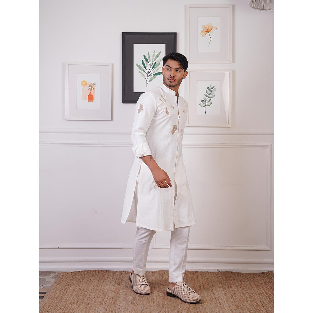 Ankur J White Linen Embroidery Kurta with Pant (Set of 2)