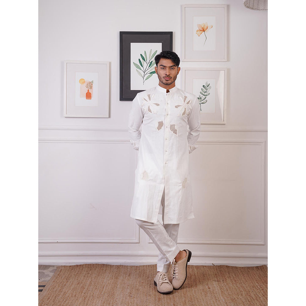 Ankur J White Linen Embroidery Kurta with Pant (Set of 2)