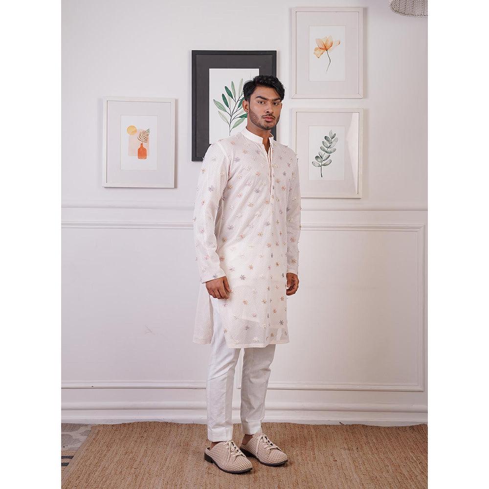 Ankur J White Crochet Kurta with Pant (Set of 2)