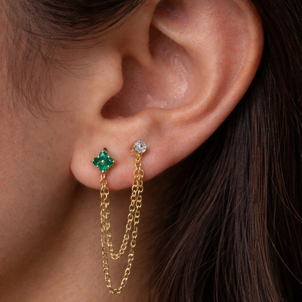 ANUSHKA JAIN JEWELLERY Emerald Diamond Duet Chain Earrings