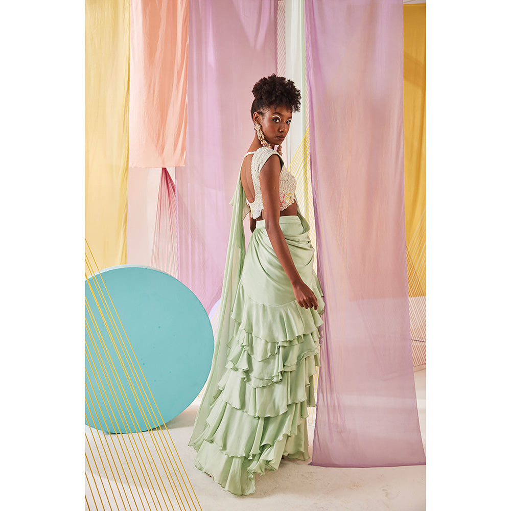 Anu Pellakuru Womens Green Lea Ruffled Saree with Stitched Blouse