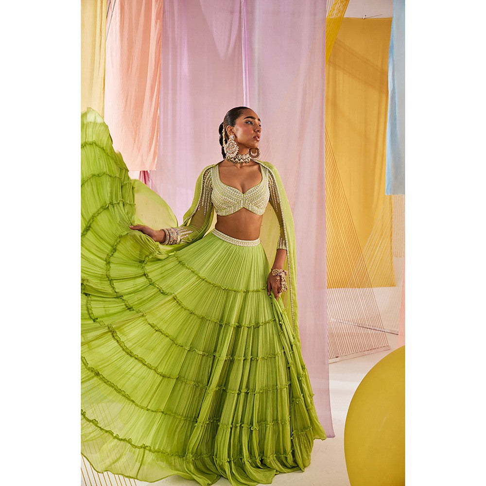 Anu Pellakuru Womens Green Meera Lehenga with Blouse and Dupatta (Set of 3)