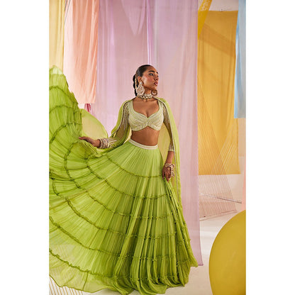 Anu Pellakuru Womens Green Meera Lehenga with Blouse and Dupatta (Set of 3)