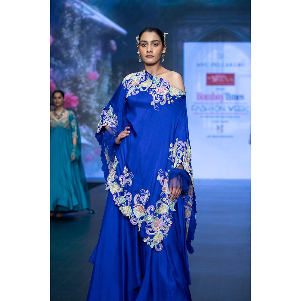 Anu Pellakuru Blue Vina Cape Embroidered Kaftan and Palazzo (Set of 2)