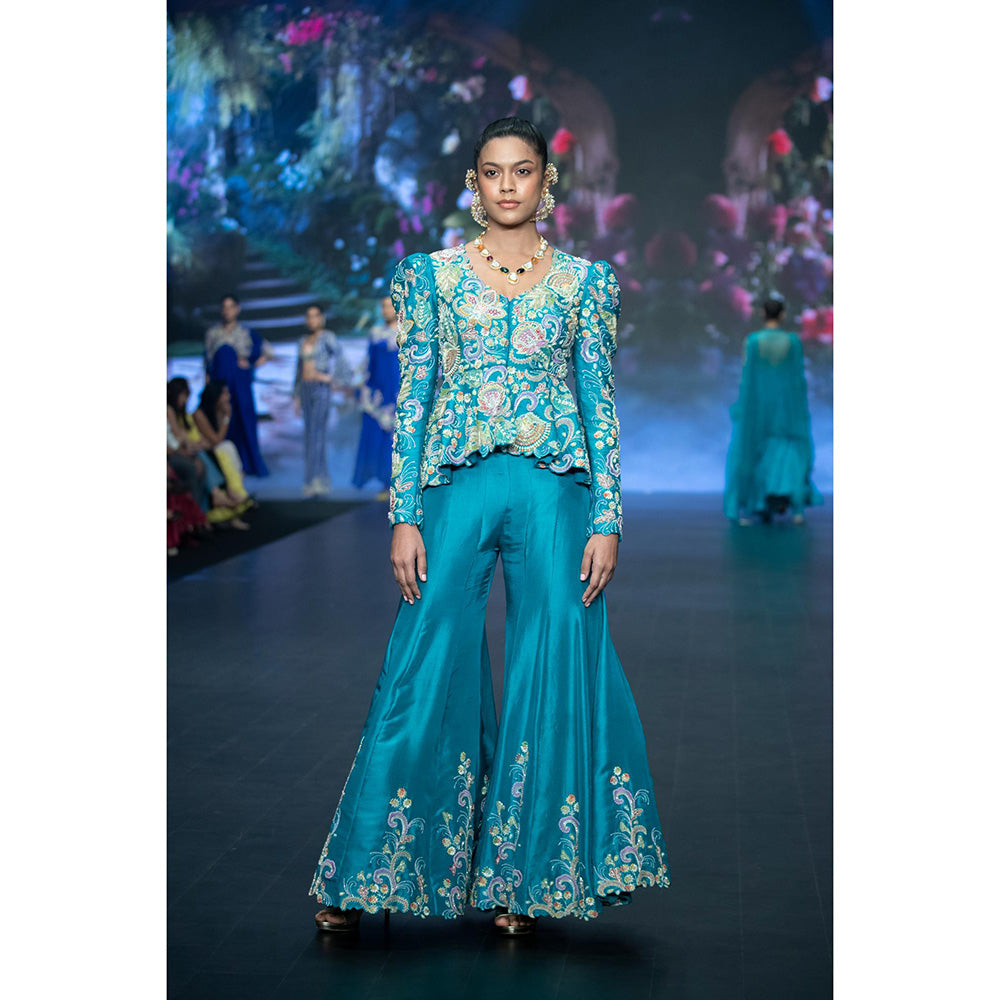 Anu Pellakuru Turquoise Qala Embroidered Peplum Jacket with Bustier and Pant (Set of 3)