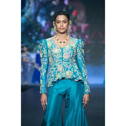Anu Pellakuru Turquoise Qala Embroidered Peplum Jacket with Bustier and Pant (Set of 3)