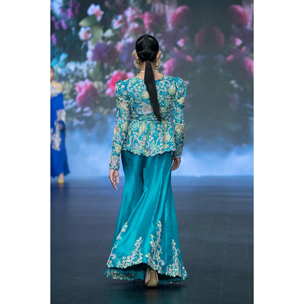 Anu Pellakuru Turquoise Qala Embroidered Peplum Jacket with Bustier and Pant (Set of 3)