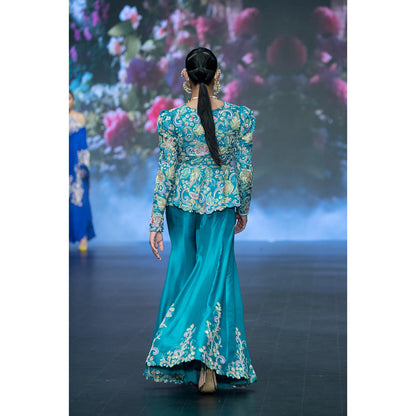 Anu Pellakuru Turquoise Qala Embroidered Peplum Jacket with Bustier and Pant (Set of 3)