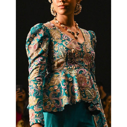 Anu Pellakuru Turquoise Qala Embroidered Peplum Jacket with Bustier and Pant (Set of 3)