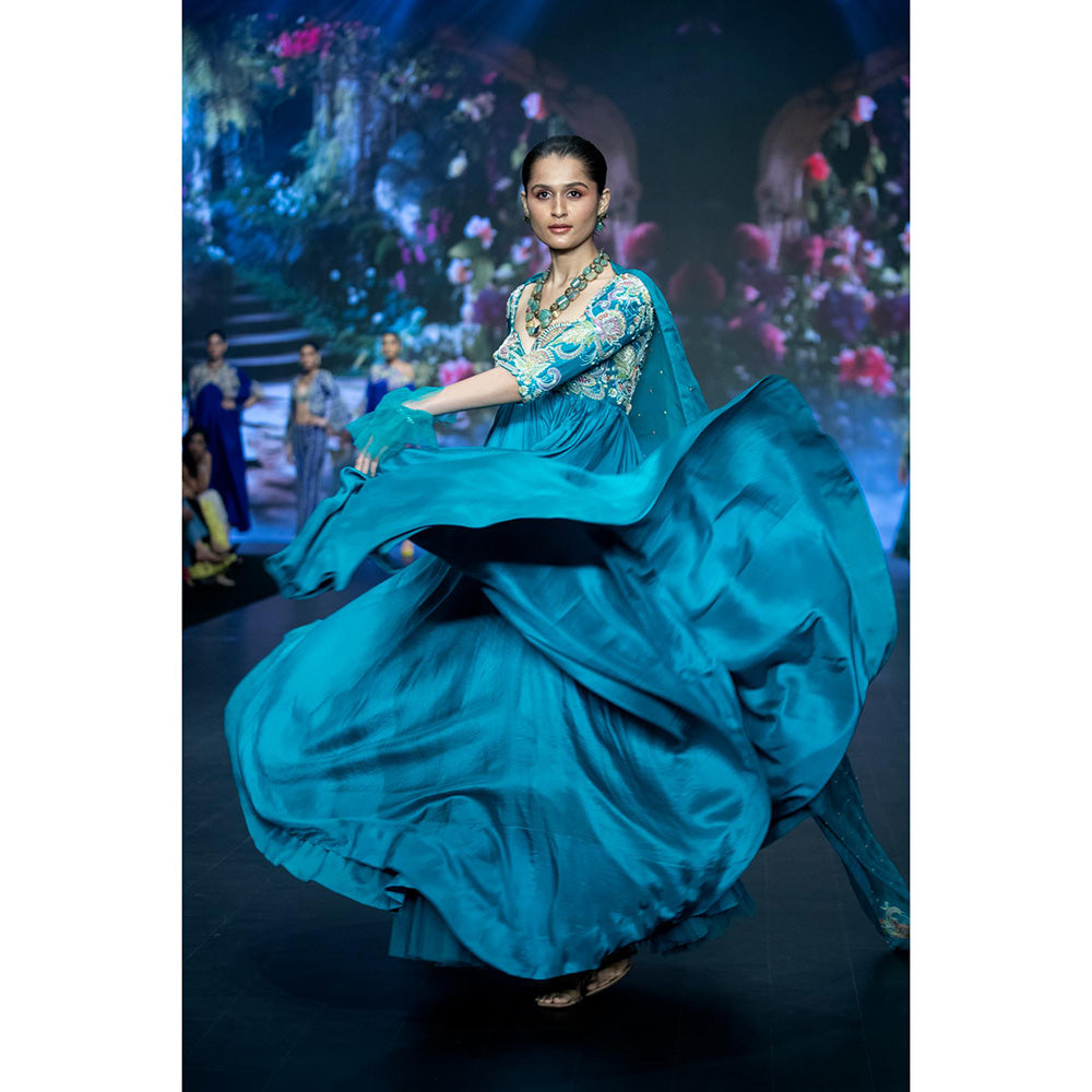 Anu Pellakuru Turquoise Rabsa Embroidered Anarkali and Dupatta (Set of 2)