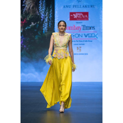 Anu Pellakuru Yellow Arka Embroidered Top with Palazzo and Belt (Set of 3)