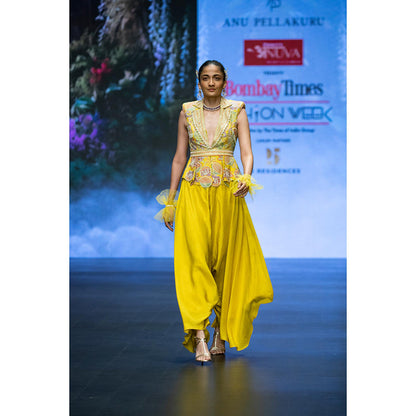 Anu Pellakuru Yellow Arka Embroidered Top with Palazzo and Belt (Set of 3)