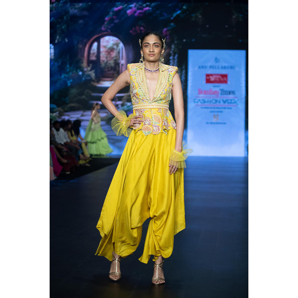 Anu Pellakuru Yellow Arka Embroidered Top with Palazzo and Belt (Set of 3)