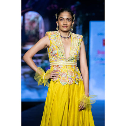 Anu Pellakuru Yellow Arka Embroidered Top with Palazzo and Belt (Set of 3)