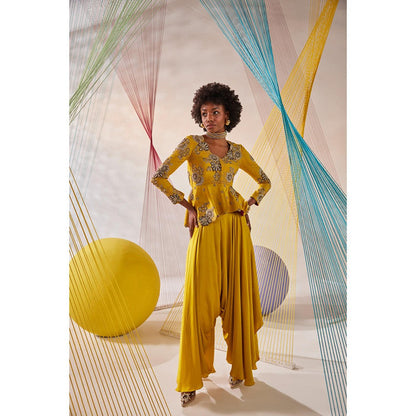 Anu Pellakuru Mustard Suhana Embroidered Peplum Top with Pant (Set of 2)