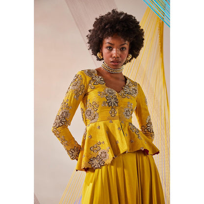 Anu Pellakuru Mustard Suhana Embroidered Peplum Top with Pant (Set of 2)
