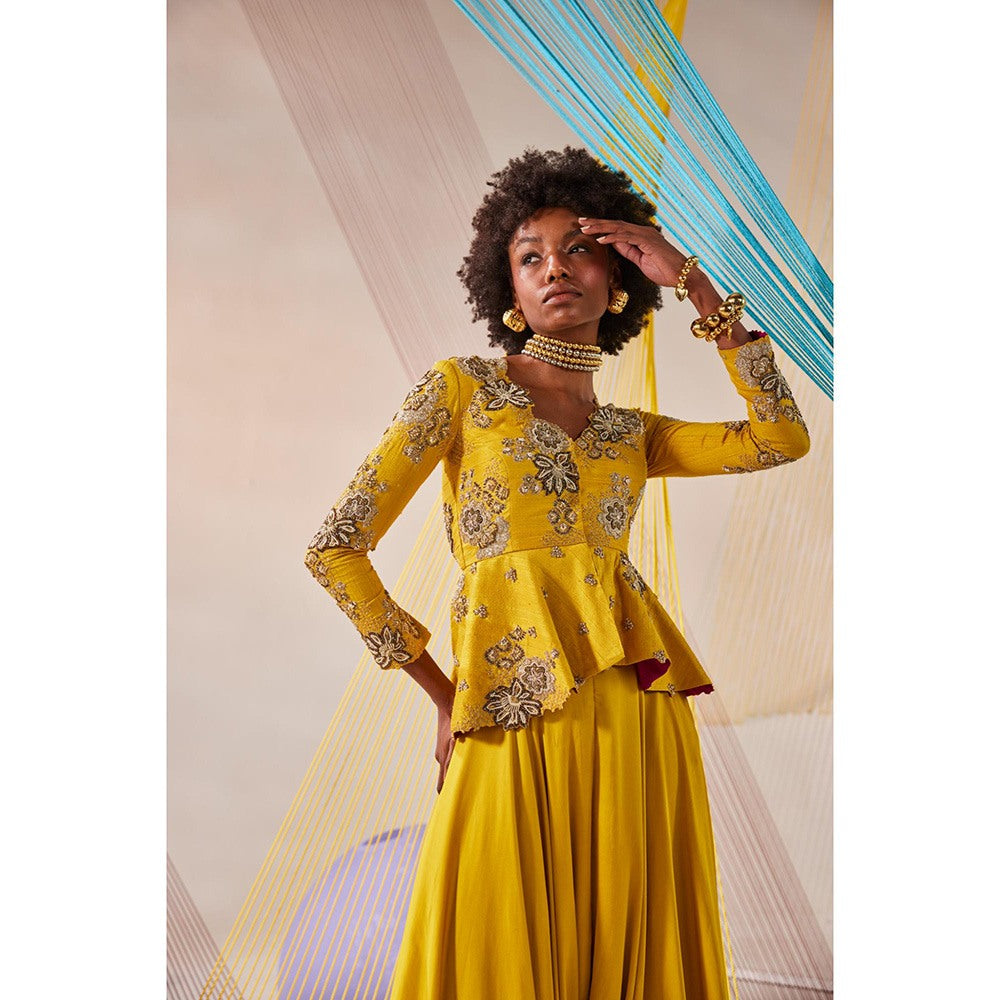 Anu Pellakuru Mustard Suhana Embroidered Peplum Top with Pant (Set of 2)